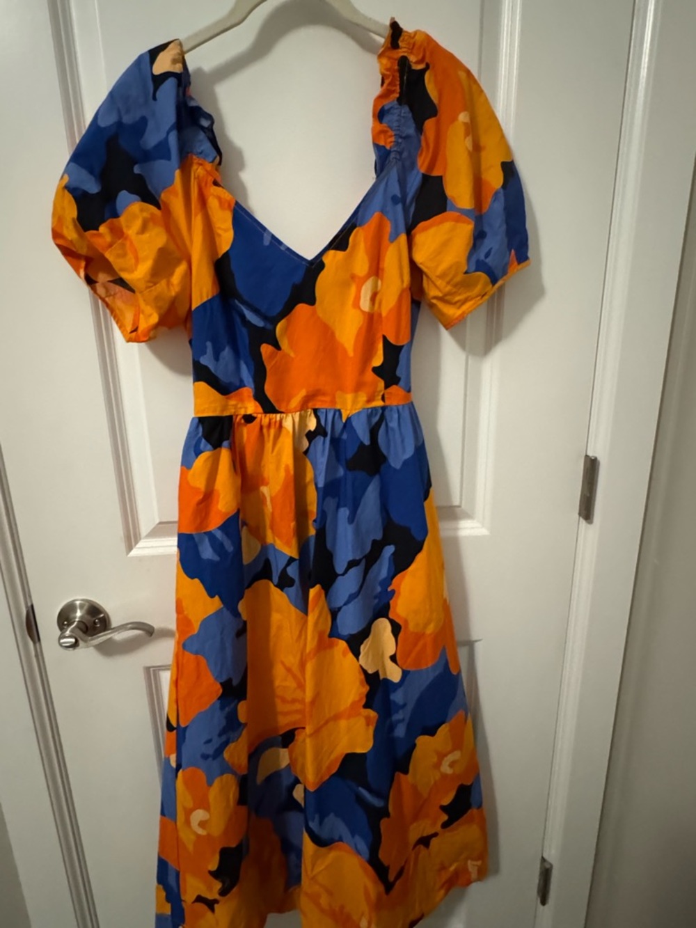 Vibrant Blue & Orange Floral Tie-back Midi Dress